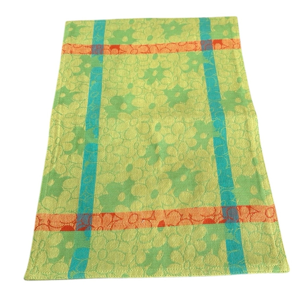 Set of 10 placemats in floral and stripe pattern of green, orange and teal.